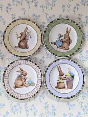 Vintage Debbie Mumm Easter Salad Plates Set of 4 Sakura Stoneware Rabbit Checks